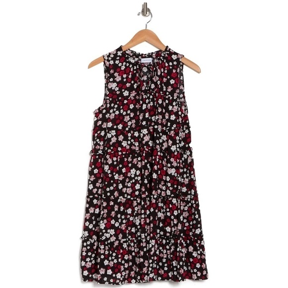Calvin Klein Ditsy Floral Sleeveless Babydoll Dress in Red Multi 6 Lightweight - Picture 1 of 8